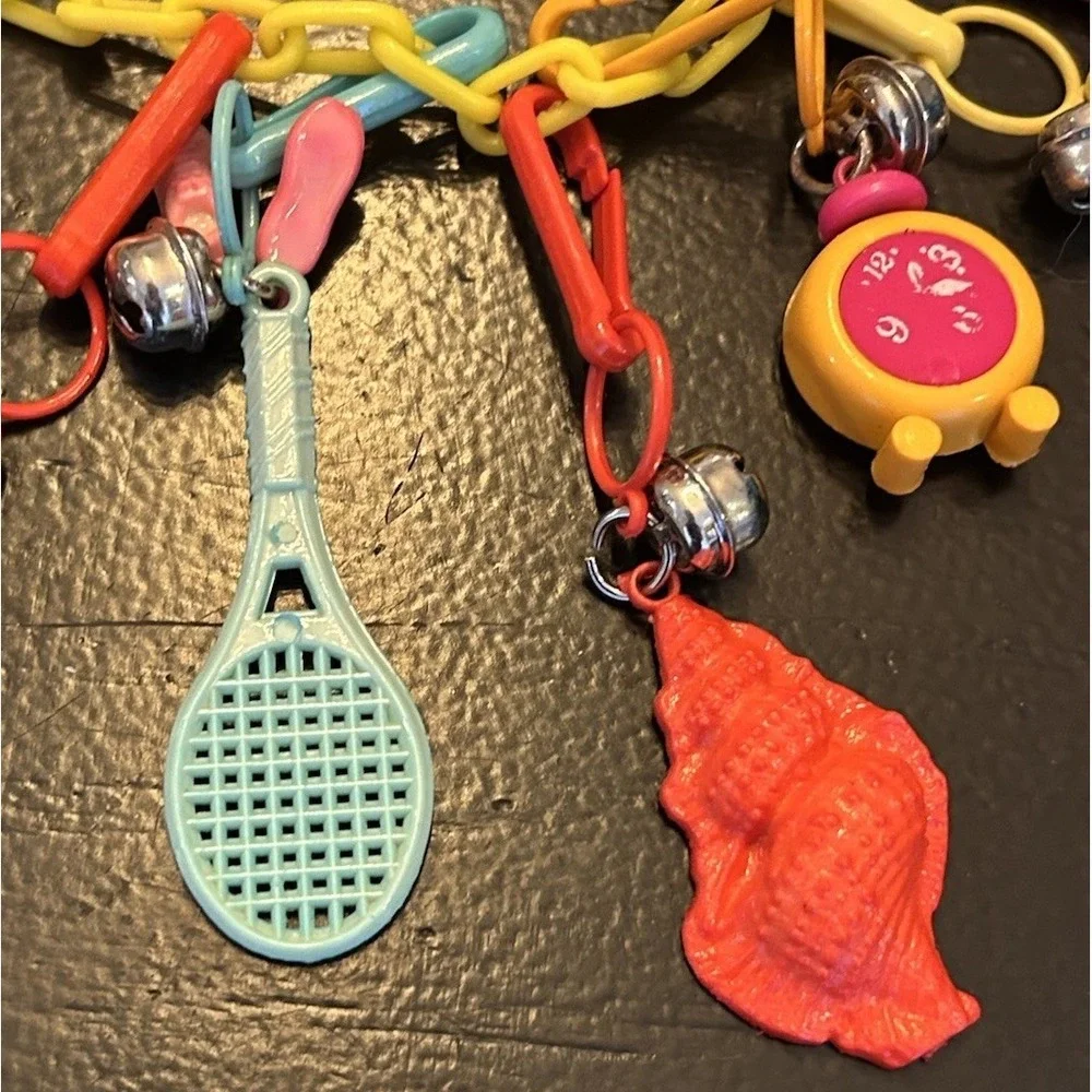 Vintage 80s Plastic Clip On Bell Charm Necklace‎ 10 Charms Yellow Chain